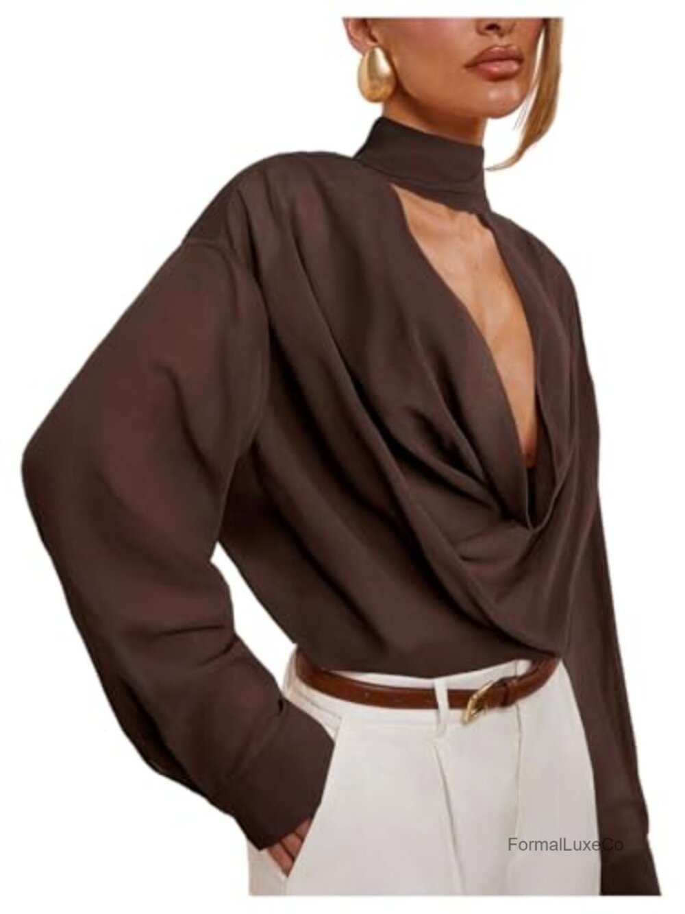 Sheer Cowl Neck Draped Long Sleeve Blouse with Scarf